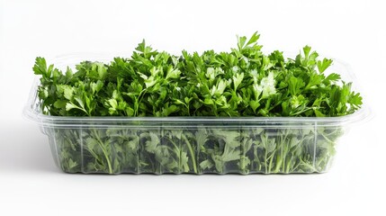 Fototapeta premium Fresh parsley packed in a transparent plastic container, sealed and ready for sale, set against a white background. The fresh green leaves are prominently displayed.