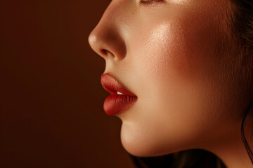 A woman with a red lip and a tan face