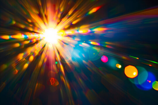 A bright light is shining through a dark sky, creating a colorful