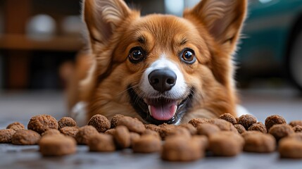 Happy dog lying down waiting for treats