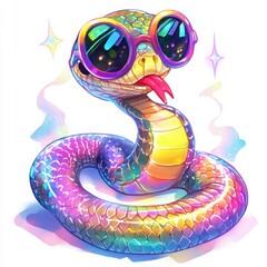 Fototapeta premium Create a chibi rainbow boa with an iridescent, multi-colored body, wearing oversized neon sunglasses. The snake is coiled around a glowing disco ball