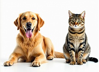 Golden Retriever Puppy and Tabby Cat Sitting Together on White Background