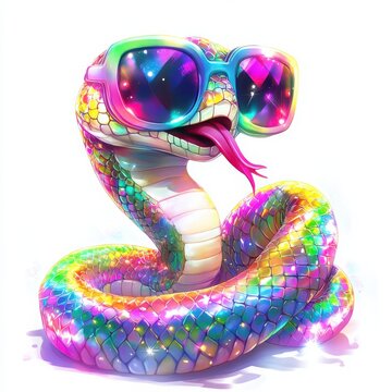 Create a chibi rainbow boa with an iridescent, multi-colored body, wearing oversized neon sunglasses. The snake is coiled around a glowing disco ball