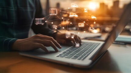 Businessman working on a laptop with logistics icons on the screen, symbolizing technology in logistics