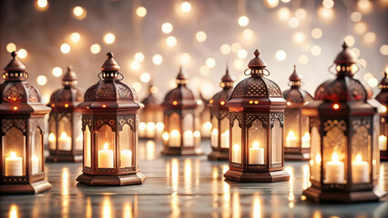 Obraz premium Flat Glossy Diwali Lanterns Glowing Brightly in a Vibrant Night Atmosphere - Festive Vector Background Illustration for Celebrating Joy and Happiness of Diwali
