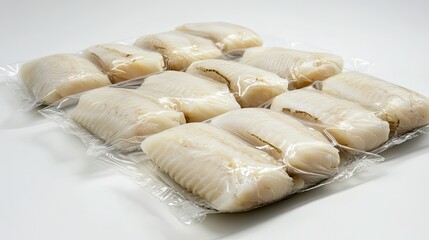 Freshly packed sole fillets in eco-friendly plastic wrap, arranged on a clean white background, ideal for seafood product promotions.