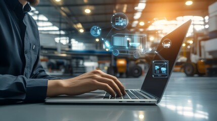 Fototapeta premium Businessman working on a laptop with logistics icons on the screen, symbolizing technology in logistics
