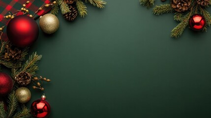 This Christmas-themed arrangement features red plaid gifts, pine branches, holly berries, and decorative elements against a dark green backdrop, perfect for seasonal greetings