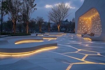 Serene evening in a modern public park featuring illuminated pathways and cozy seating areas