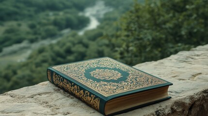 A vintage book with South Asian patterns on the cover, resting on a stone windowsill, serene nature in the distance, copy space