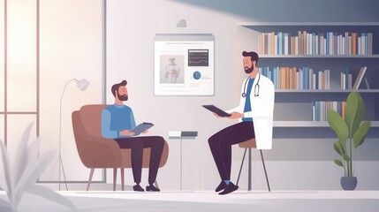 A doctor explains the diagnosis to a patient in a well-lit consultation room while seated comfortably. Generative AI