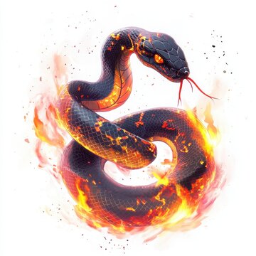 Illustrate a chibi black mamba with glowing red and yellow patterns across its body, striking a dynamic pose while breathing bright fire. 