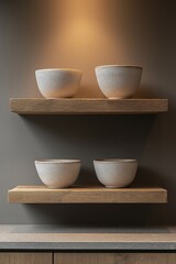 Minimalist kitchen design featuring wooden shelves with bowls in a cozy setting