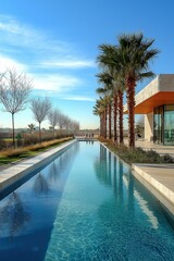Fototapeta premium A serene outdoor pool surrounded by palm trees and sunny blue skies in a modern landscape setting