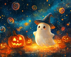 Happy Ghost with Witch Hat and Pumpkins in Night Sky