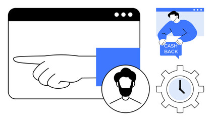 A hand points to the left inside a browser window a person holds a cashback sign a clock inside a gear icon and a male profile picture. Ideal for online navigation transactions financial incentives
