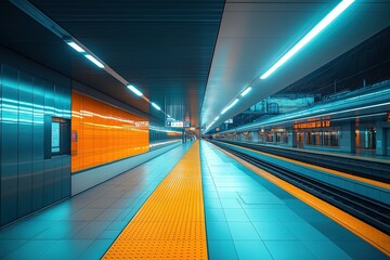 A contemporary subway platform has bright orange walls and bold blue lighting - Powered by Adobe