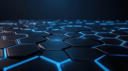 Fototapeta premium A close-up view of a futuristic hexagonal pattern with glowing blue edges against a dark background, evoking a tech-inspired atmosphere.