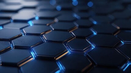 Fototapeta premium A close-up view of a sleek, dark hexagonal pattern with glowing edges, creating a futuristic and tech-inspired design.