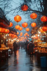 Lunar New Year Street Market With Vibrant Red Lanterns Overhead, Colorful Stalls Selling Traditional Food