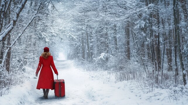 Woman in Red Coat with Suitcase