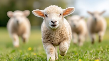 Obraz premium A playful lamb runs towards the viewer, surrounded by other sheep, in a sunny, grassy field.