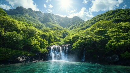 Fototapeta premium A serene waterfall cascades into a clear pool, surrounded by lush green hills under a bright blue sky, creating a picturesque natural landscape.