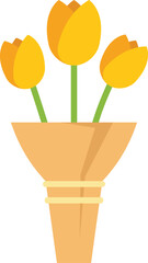 Minimalist vector illustration of a bouquet of yellow tulips wrapped in brown paper standing in a vase, isolated on white background
