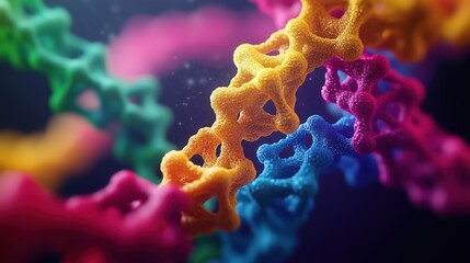  Three-Dimensional Model with Colorful Structures and Complex Strands Resembling DNA or Neural Connections on a Black Background, Featuring Intricate Patterns and Detailed Textures.