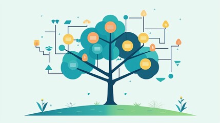 visually appealing tree diagram representing decision trees with various options and pathways. design features vibrant colors and clean layout, ideal for illustrating complex choices