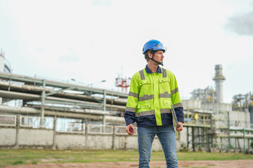 young caucasian technician in hardhat holding laptop computer and walkie talkie while inspection in oil refinery industry