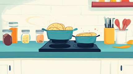Cartoon drawing of Indian roti being made on a stove, colorful spices on the counter, blank copy space