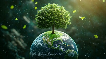 vibrant green tree stands atop miniature Earth, symbolizing nature and environmental harmony. scene is filled with floating leaves, creating serene and uplifting atmosphere