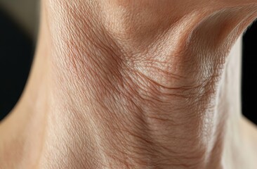Fototapeta premium Close-up of the neck area, showing dry skin with fine lines and wrinkles around the collarbone area