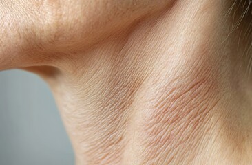 Fototapeta premium Close-up of the neck area, showing dry skin with fine lines and wrinkles around the collarbone area
