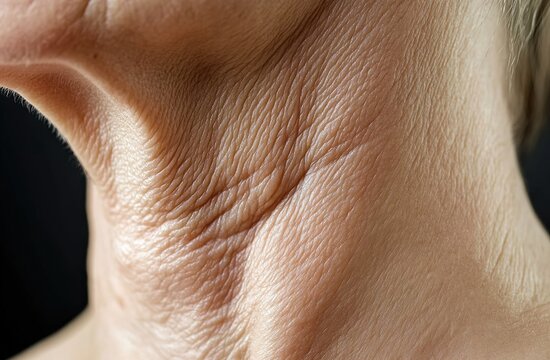 Close-up of the neck area, showing dry skin with fine lines and wrinkles around the collarbone area