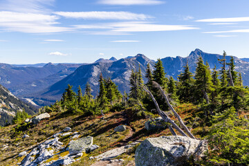Scenic Mountain Landscape View From Hope, BC, Canada With Evergreen Trees and Blue Sky