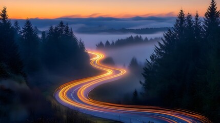 Car headlights and traffic lights on a winding road through pine trees, in a foggy valley at sunset, captured by long exposure photography