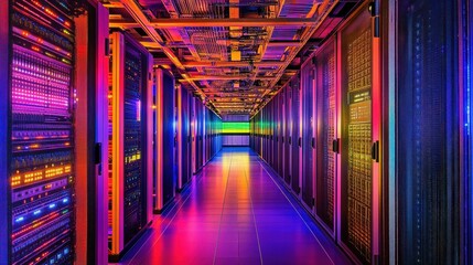 Fototapeta premium A captivating shot of a corridor in a working data center reveals rows of rack servers and supercomputers, complemented by a high-resolution internet visualization projection illuminating the space