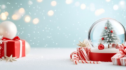 Festive Christmas scene with red ornaments, candy canes, wrapped gifts, and a snow globe, placed next to a snow-covered Christmas tree. Soft, glowing bokeh lights fill the light background.