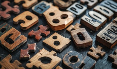 Wooden letter blocks scattered on a black surface.