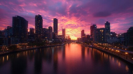 Fototapeta premium A vibrant sunset over a city skyline reflects beautifully on the river, showcasing a blend of urban architecture and nature's colors.