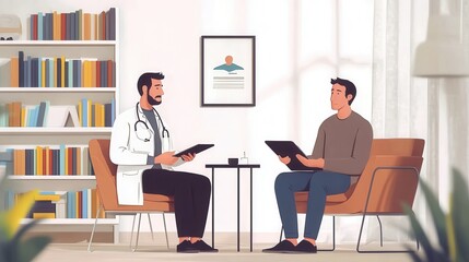 Fototapeta premium A doctor talks with a patient about their diagnosis in a well-lit consultation room, creating a supportive environment for discussion. Generative AI