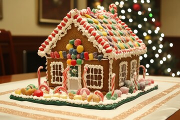 A gingerbread house with candy decorations. 