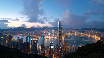Obraz premium A stunning cityscape of Hong Kong at dusk, showcasing skyscrapers, vibrant lights, and a beautiful harbor under a dramatic sky.