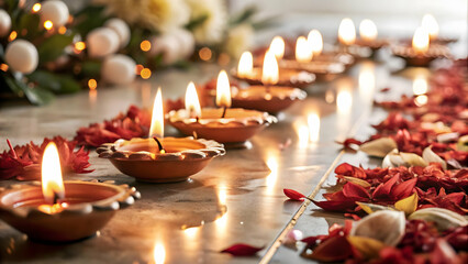 Flat Glossy Diwali Diyas Along a Serene Pathway with Flower Petals - Peaceful Vector Illustration for Festive Celebrations