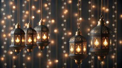 Fototapeta premium Sophisticated Flat Glossy Diwali Hanging Lamps with Glowing Light Patterns on Elegant Dark Background - Festive Vector Illustration for Business Use