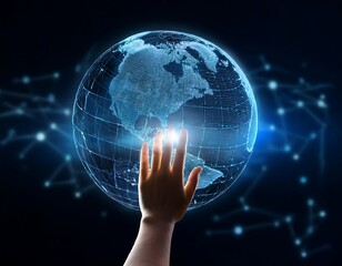 A hand reaches toward a glowing digital globe, highlighting the importance of teamwork in a globalized world