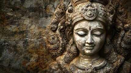 Obraz premium Intricate Indian sculpture against a textured background, no people, with copy space available.