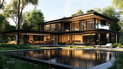 Obraz premium A modern house with a large pool, surrounded by tropical trees and a spacious patio.